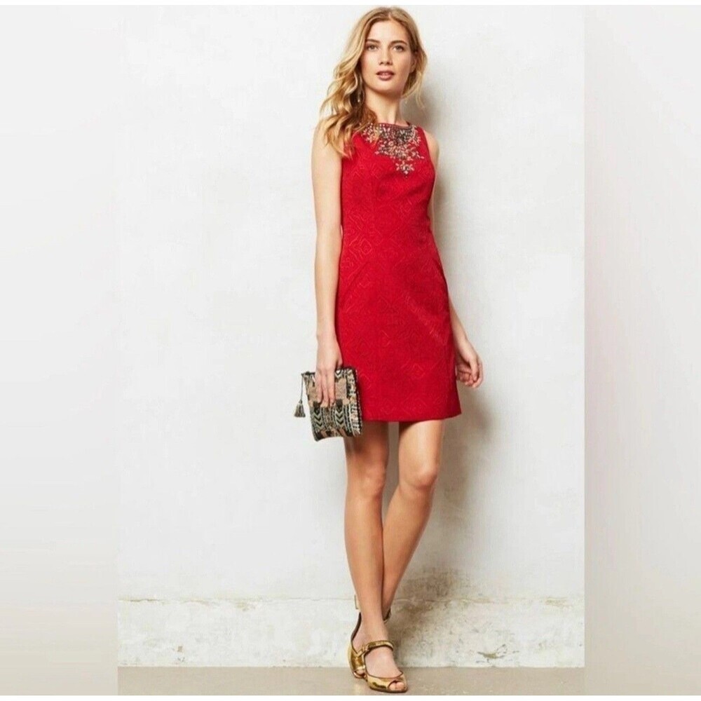 Anthropologie MOULINETTE SOEURS Size 6 Women’s Dress Red Jewel Jacquard Cocktail